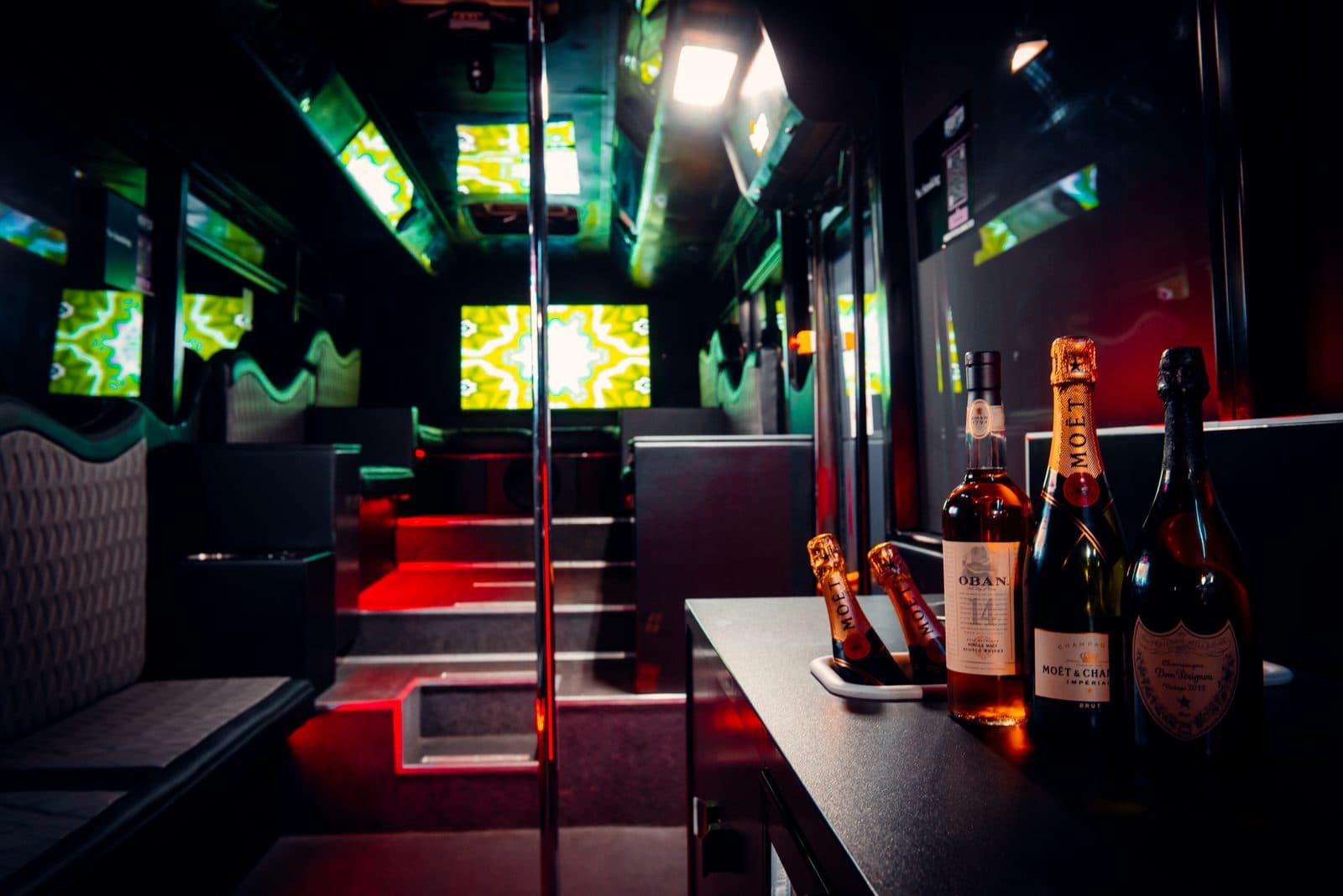 Champagne service inside the party bus