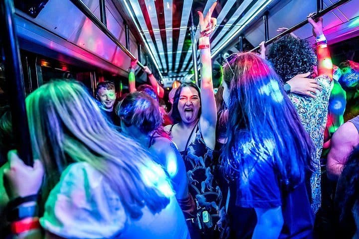 Dance floor lit up inside the bus